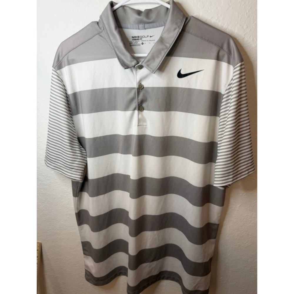 Nike Golf Mens Dri-FIT Striped Polo Shirt Grey White XL Standard Fit ShortSleeve